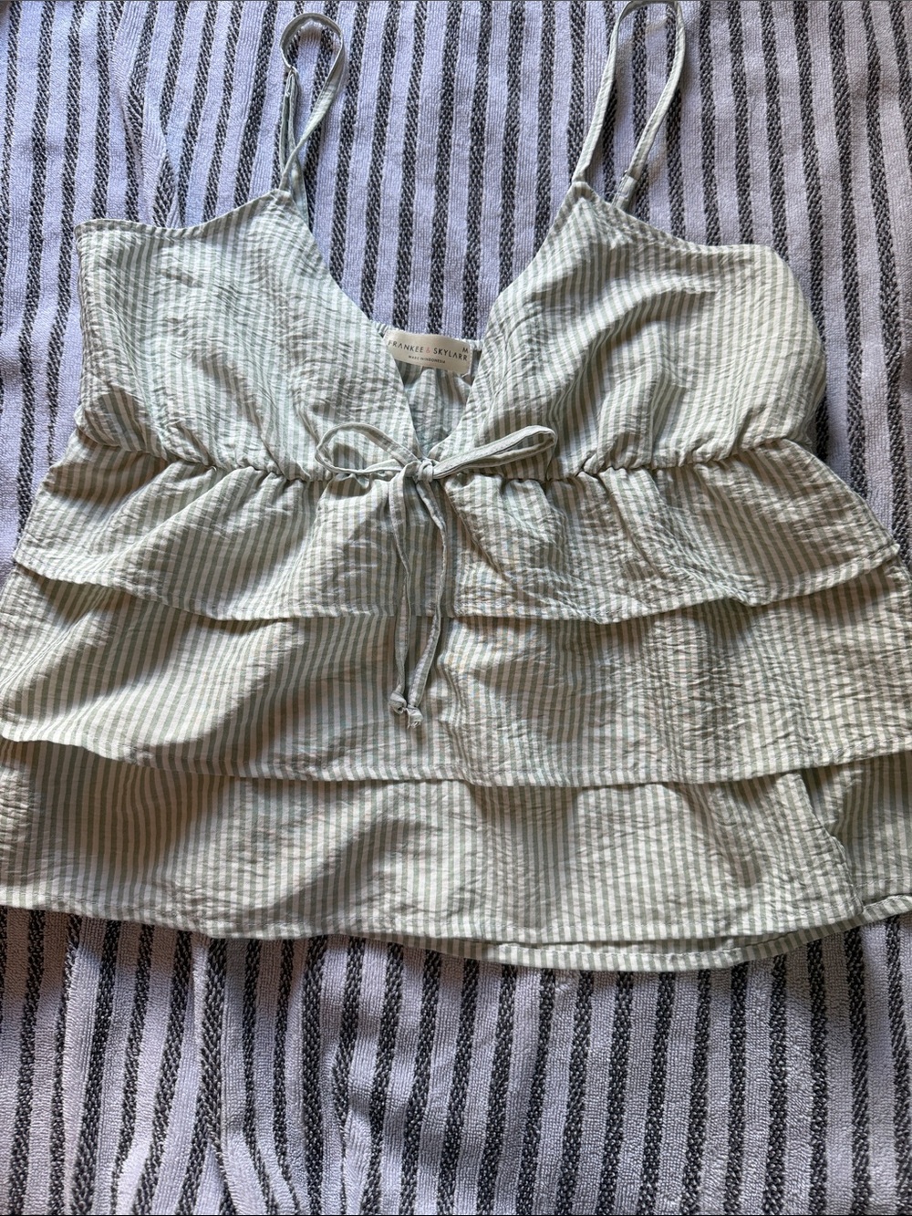 Sezane Mint Green Striped Ruffle Tie-Front Cami